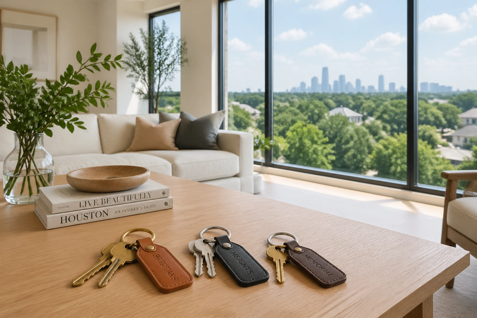 Three sets of house keys representing buyer options in the Houston real estate market.