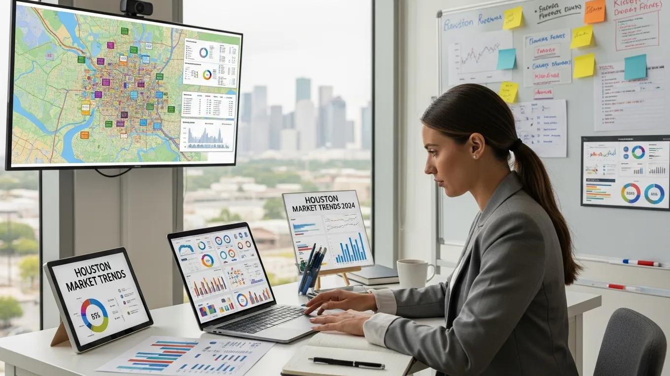 Real estate agent analyzing market data in a modern office
