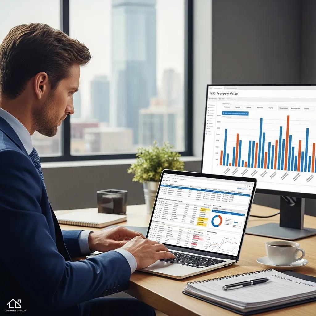 Real estate agent analyzing property data on laptop and monitor, showcasing home valuation metrics and graphs in a modern office setting.