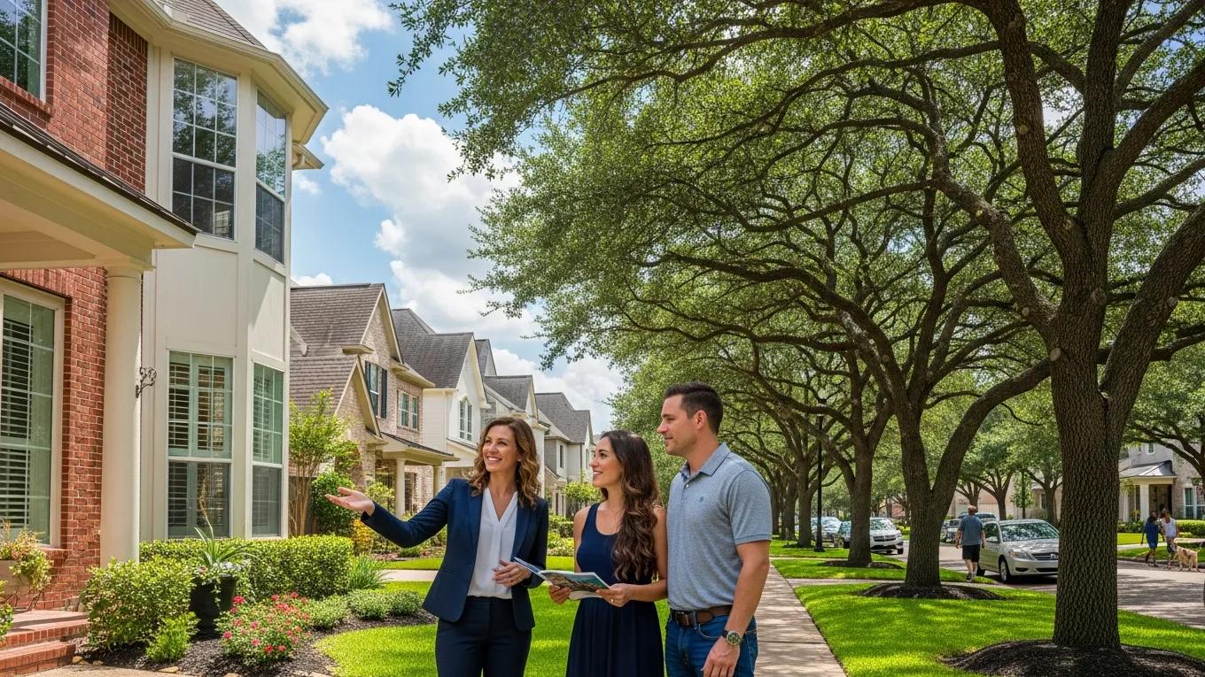 Real estate agent showing a property to a couple in a Houston neighborhood