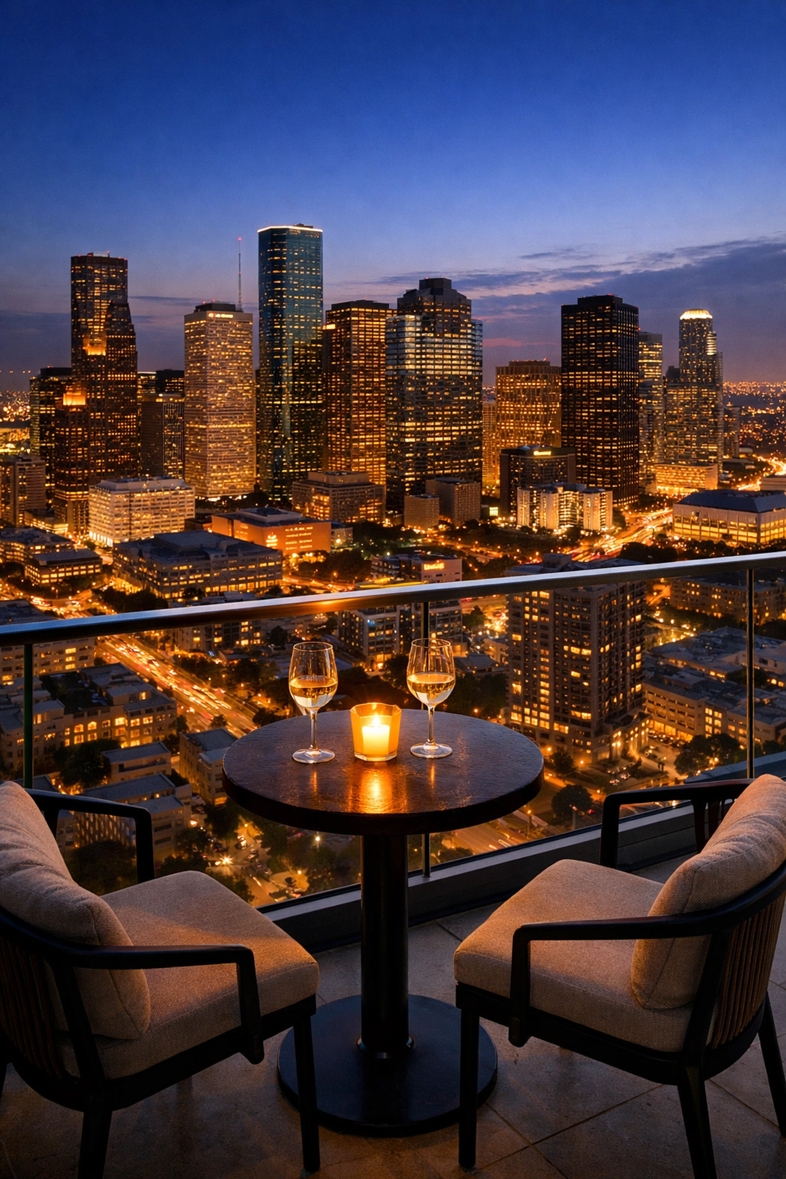 Luxury Houston high-rise condo balcony overlooking the glowing city skyline at twilight.