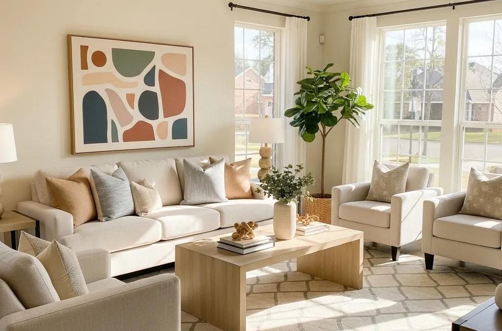 Staged living room in a Houston home featuring neutral decor, abundant natural light, modern furniture, and a contemporary art piece.