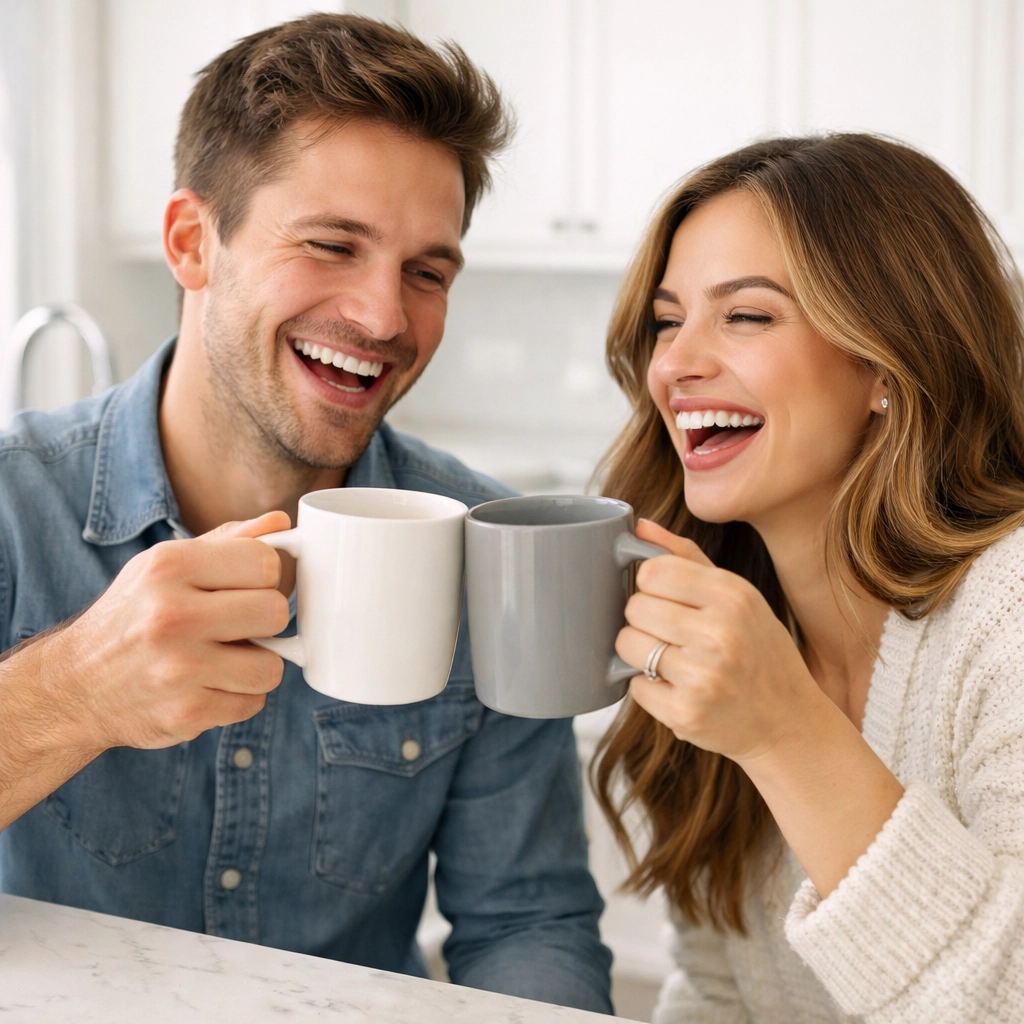 Couple smiling and clinking coffee mugs in a bright kitchen, representing joy and togetherness for first-time home buyers.