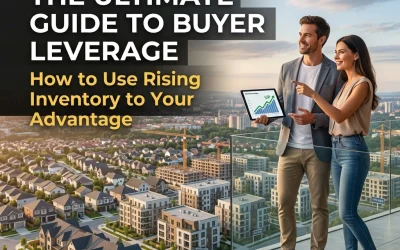 Couple discussing real estate market trends with a tablet, featuring the title "The Ultimate Guide to Buyer Leverage" and a view of rising housing inventory in the background.