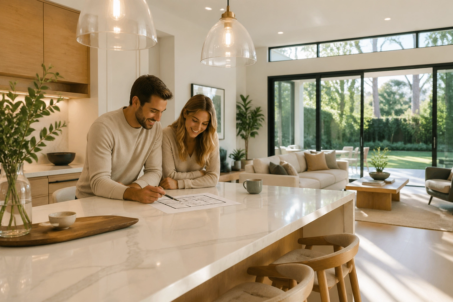Happy couple planning their move to a spacious new home in a Katy or Sugar Land neighborhood.