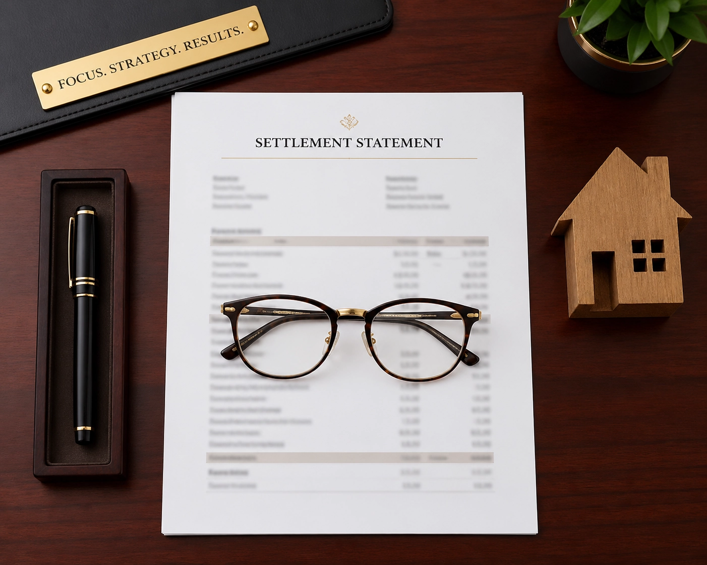 Top-down view of real estate settlement documents and house model for calculating seller net.