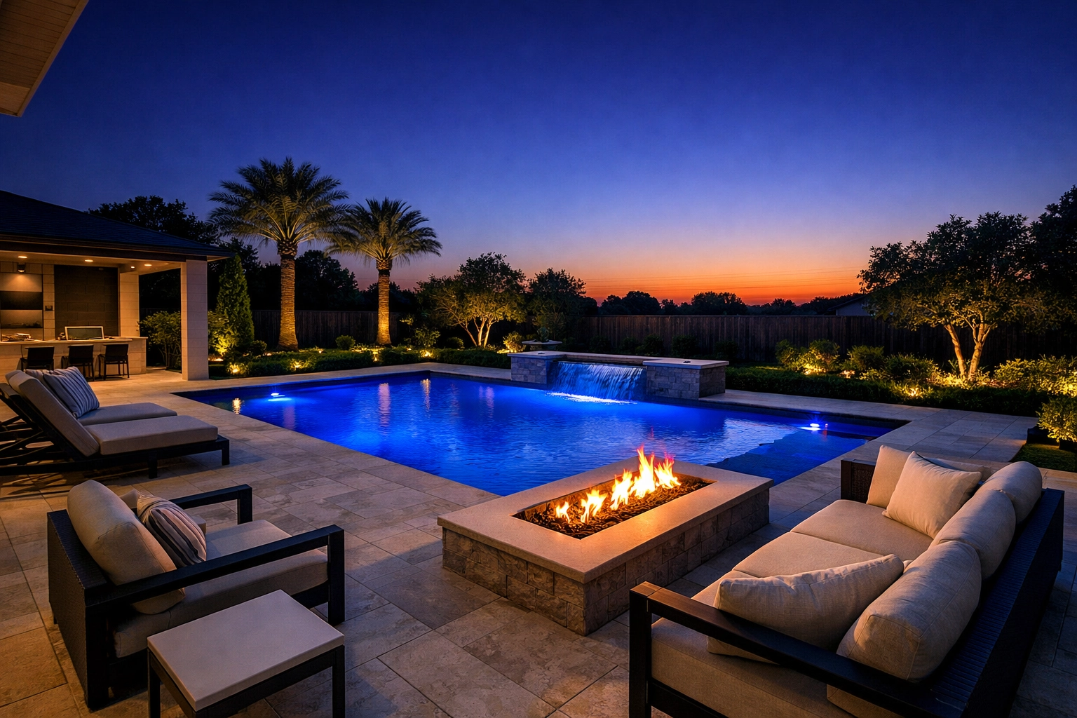 Luxurious backyard pool with a fire pit, surrounded by palm trees and illuminated landscaping at sunset, showcasing a relaxing outdoor living space ideal for summer enjoyment in Houston neighborhoods.