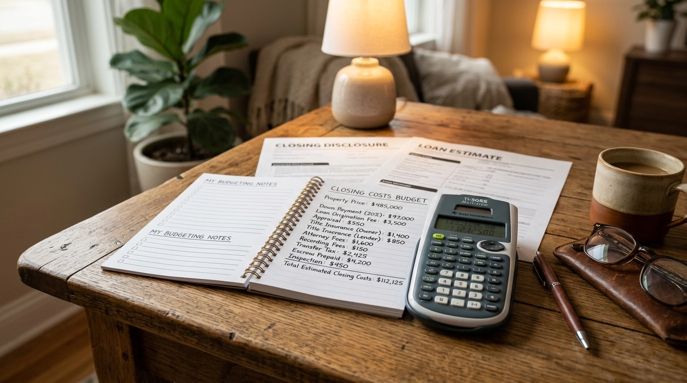 Calculator and notepad for budgeting closing costs in a warm setting, with soft lighting and a cozy table setup for Houston homebuying planning.