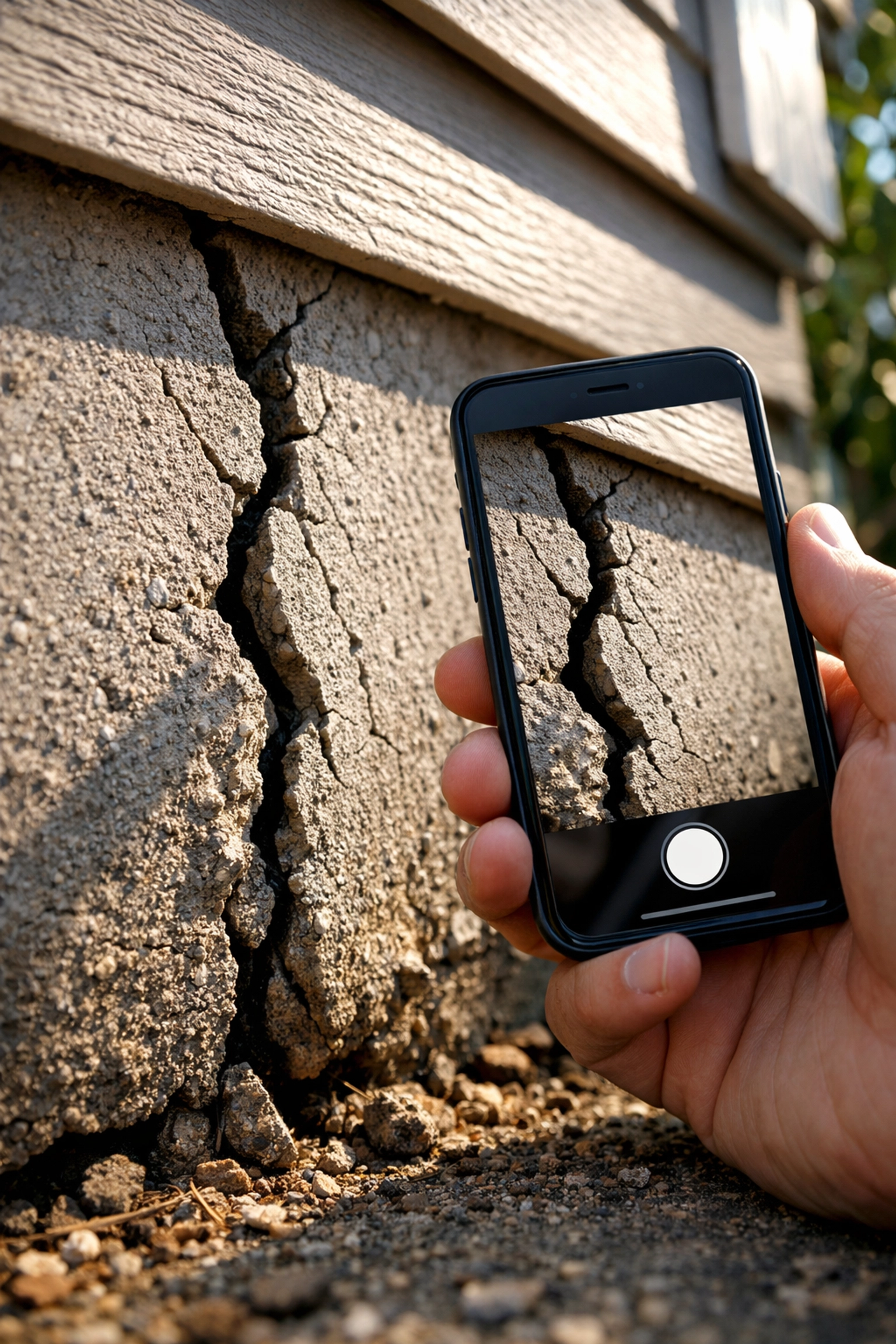 Homeowner photographing a foundation crack to use as evidence for a Houston property tax protest.