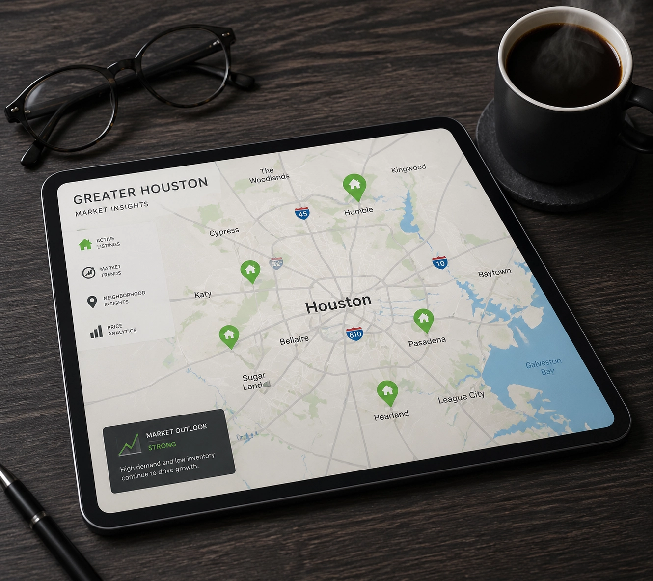 Digital map of Houston real estate showing affordable homes for sale in Humble and Pasadena, Texas.