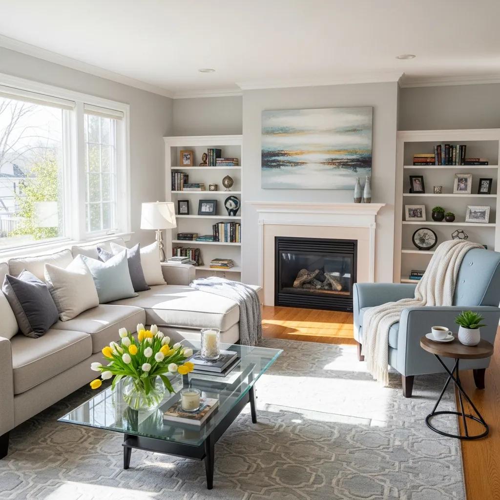 Well-staged living room featuring a cozy sofa, decorative pillows, a glass coffee table with flowers, and a fireplace, emphasizing home appeal for valuation preparation.