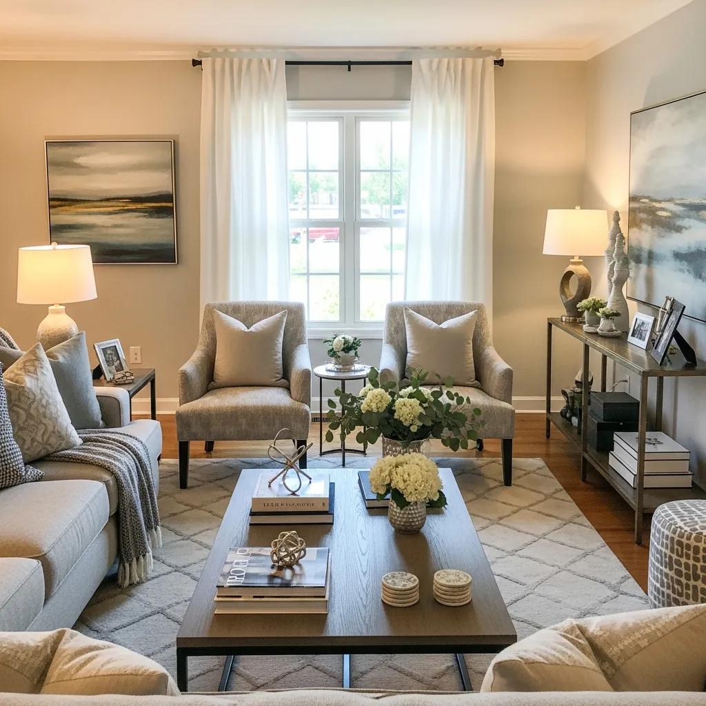 Well-staged living room featuring natural light, elegant decor, and inviting seating, emphasizing home preparation for sale.