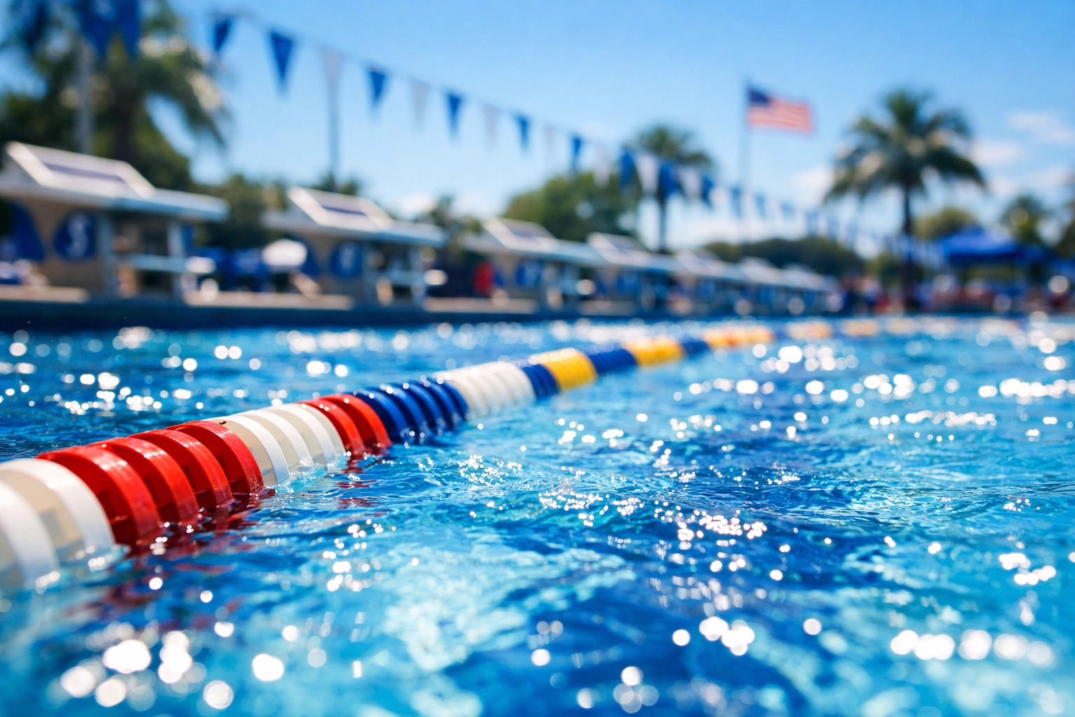 Swimming pool with colorful lane markers and flags, reflecting summer activities in Houston's community swim leagues.