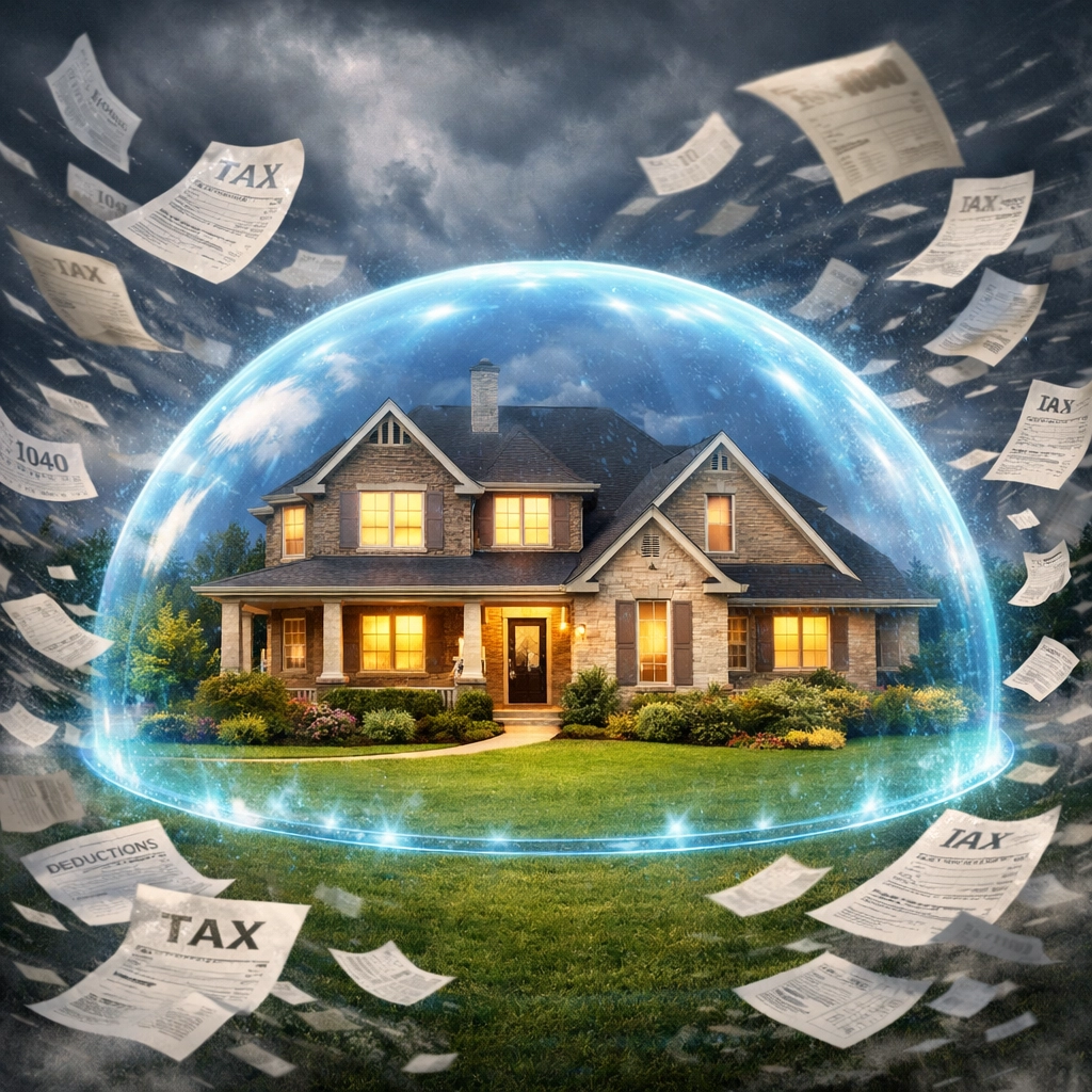 Houston family home protected by a dome from swirling tax forms, representing homestead exemptions.