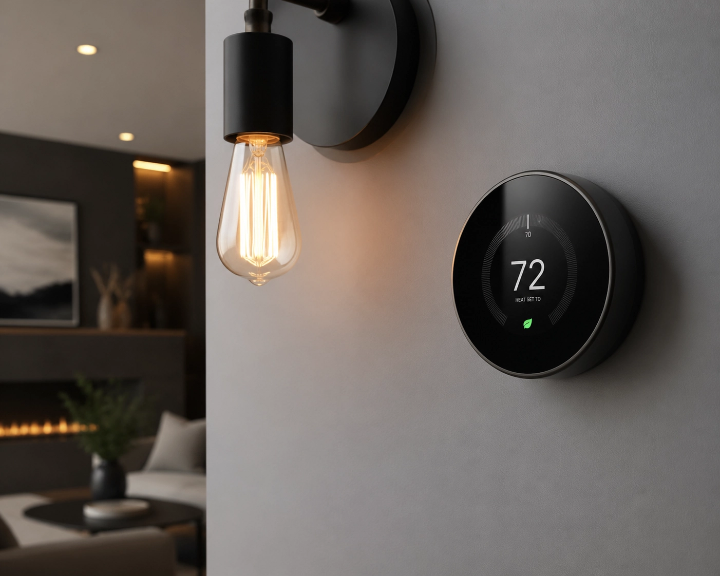 Smart thermostat and modern lighting fixture installed as value-add rental property upgrades.
