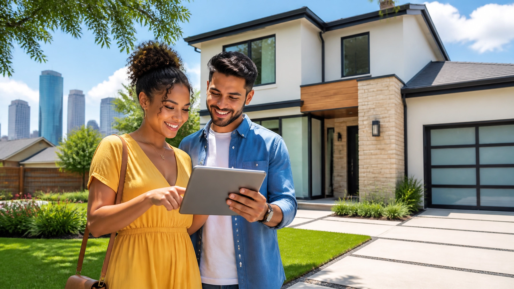Couple looking at a tablet in front of a new home