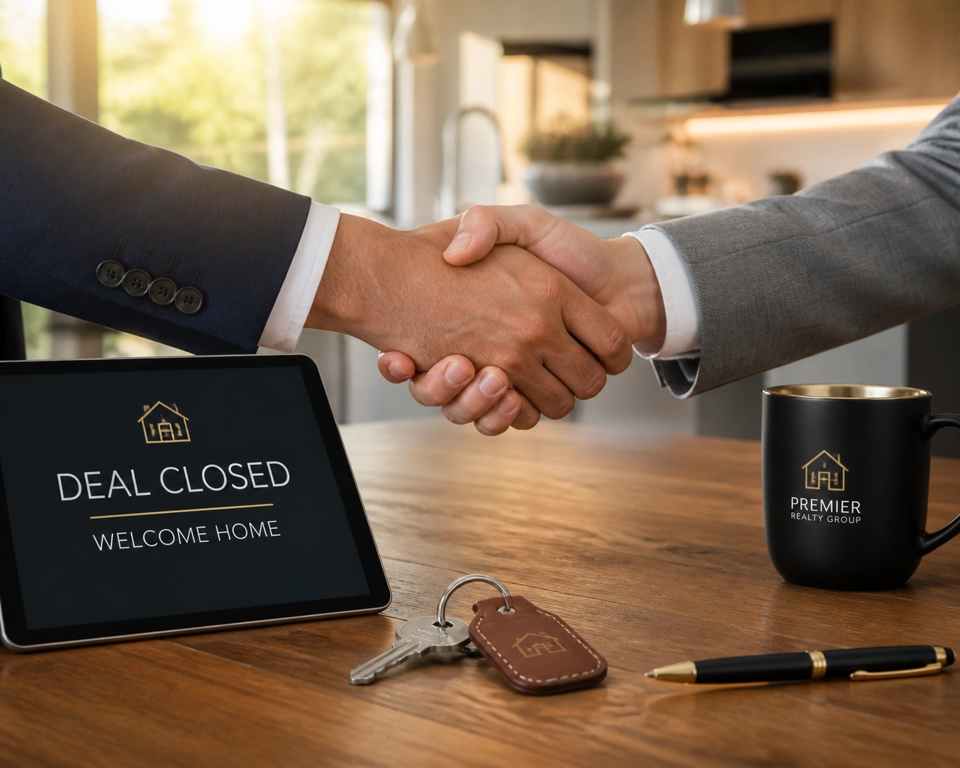 Successful Houston real estate negotiation for a home purchase with keys and a handshake.