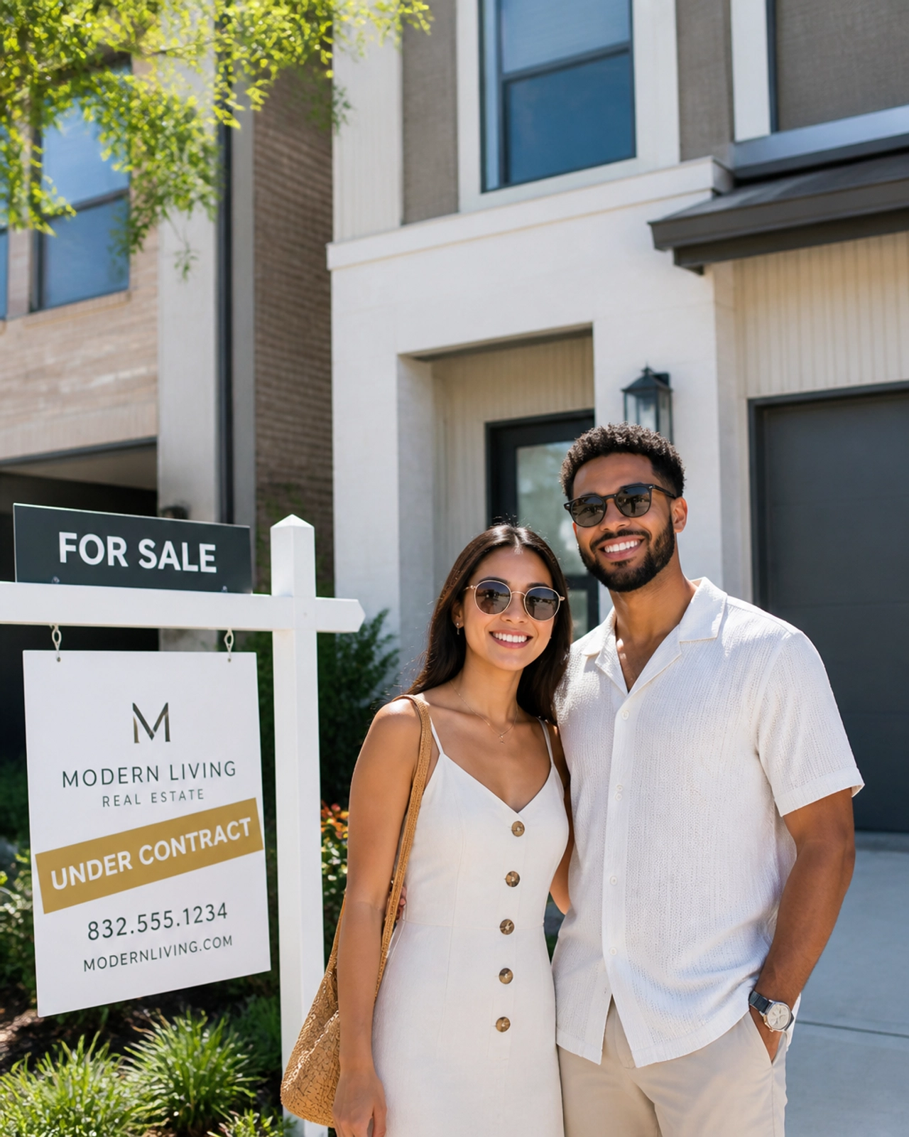 Relaxed couple in front of a Houston townhome