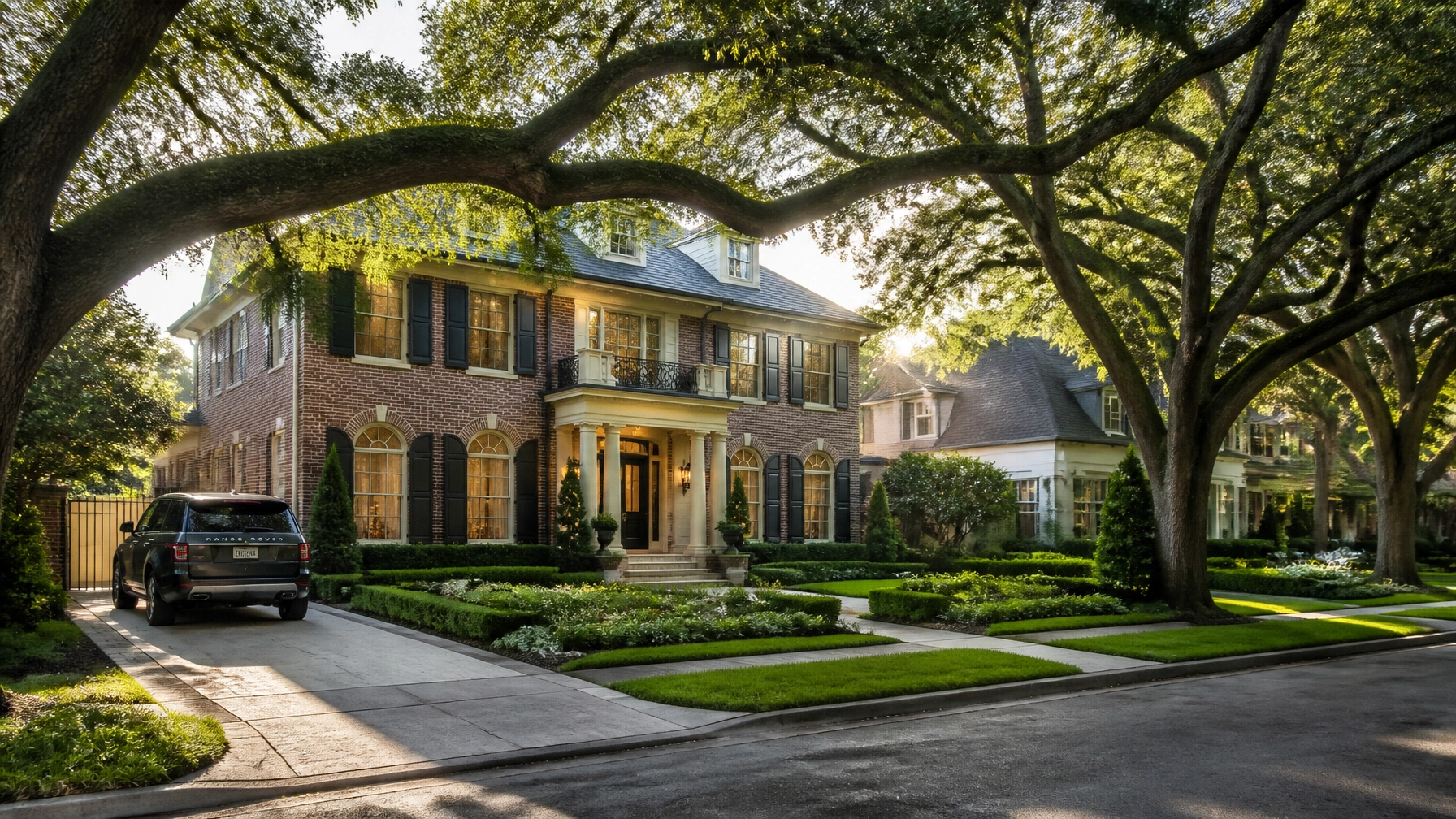 Luxury estate in West University Place with mature oak trees