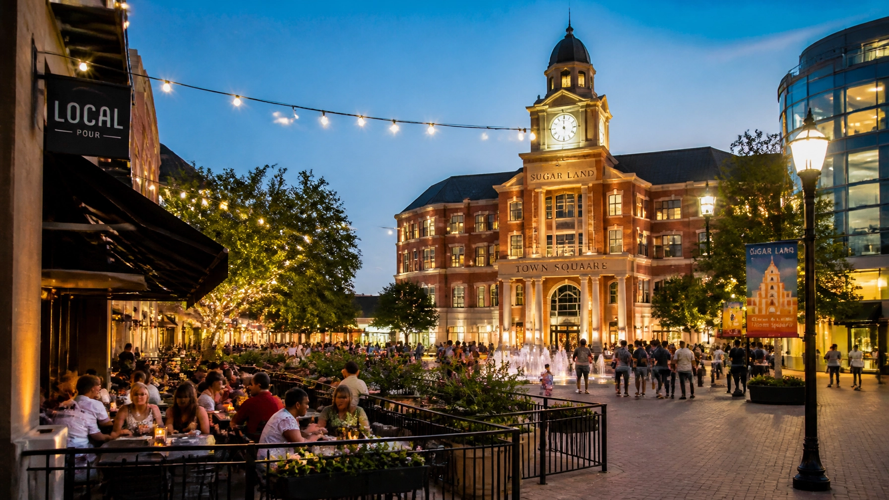 Sugar Land Town Square at dusk, featuring outdoor dining and a vibrant community atmosphere.