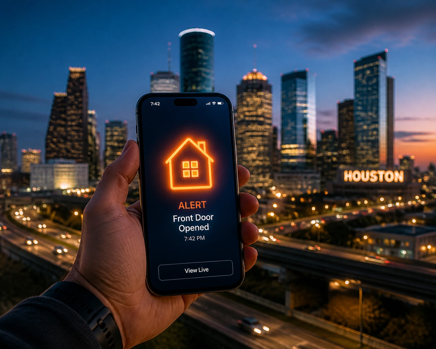 A smartphone showing a new home listing notification with the Houston skyline at dusk.