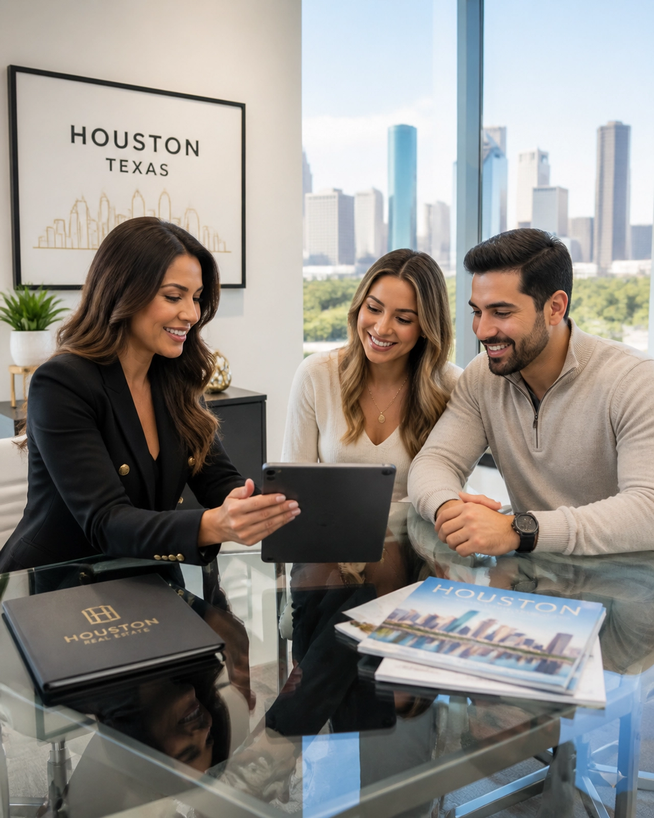 Professional real estate agent discussing contracts with a couple
