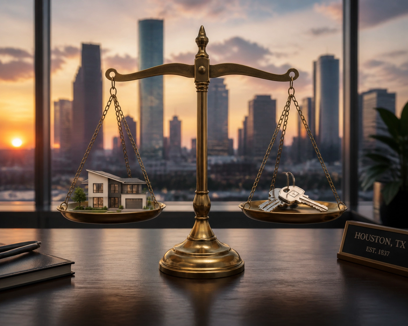 A brass balance scale with a house model and keys representing Houston's balanced real estate market in 2026.