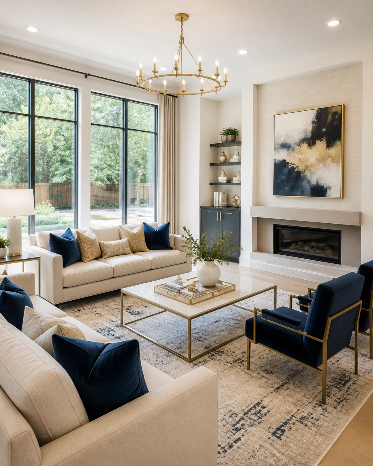 A professionally staged living room in a Houston suburb