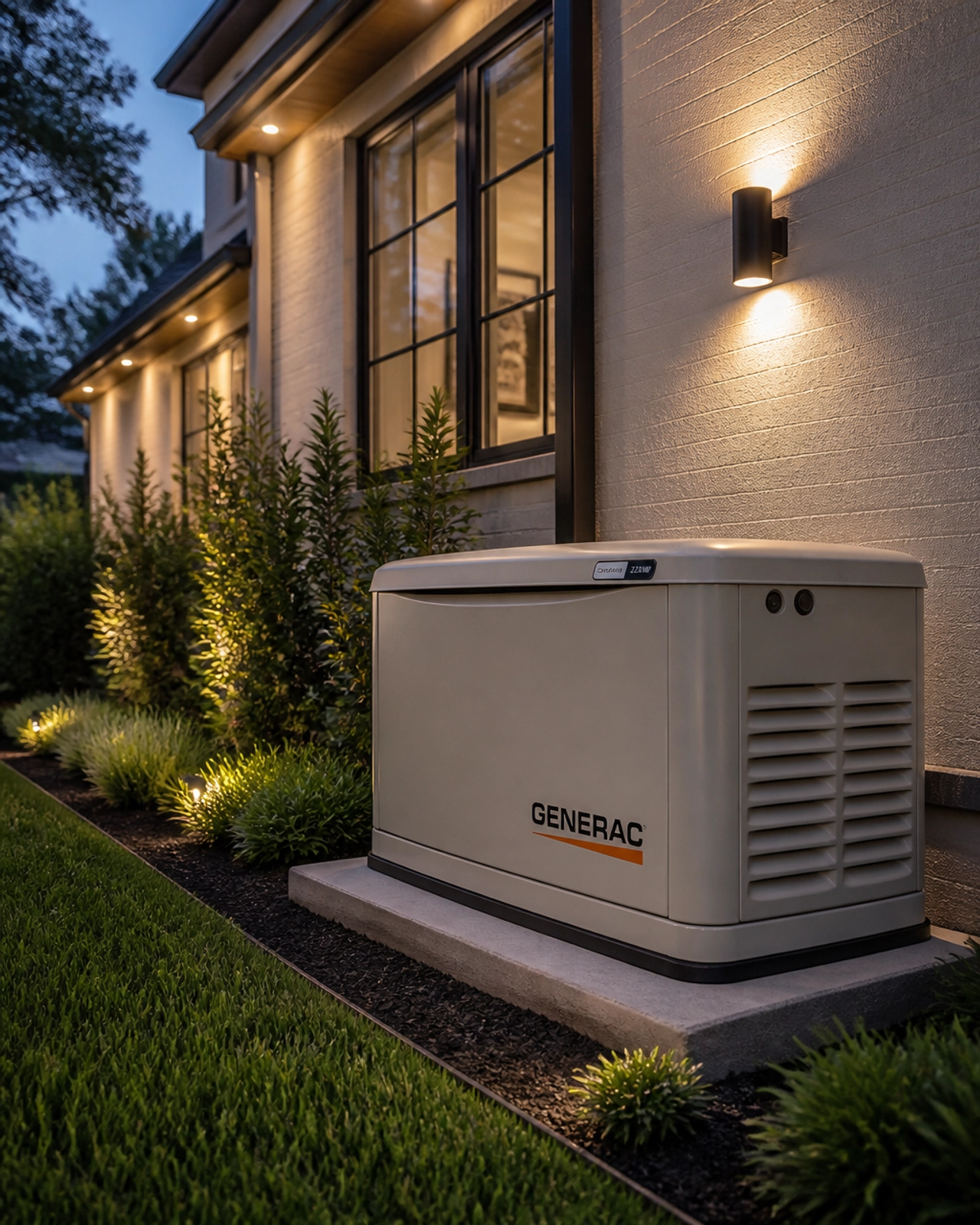 A whole-home standby generator installed on a concrete pad next to a modern Houston residence.