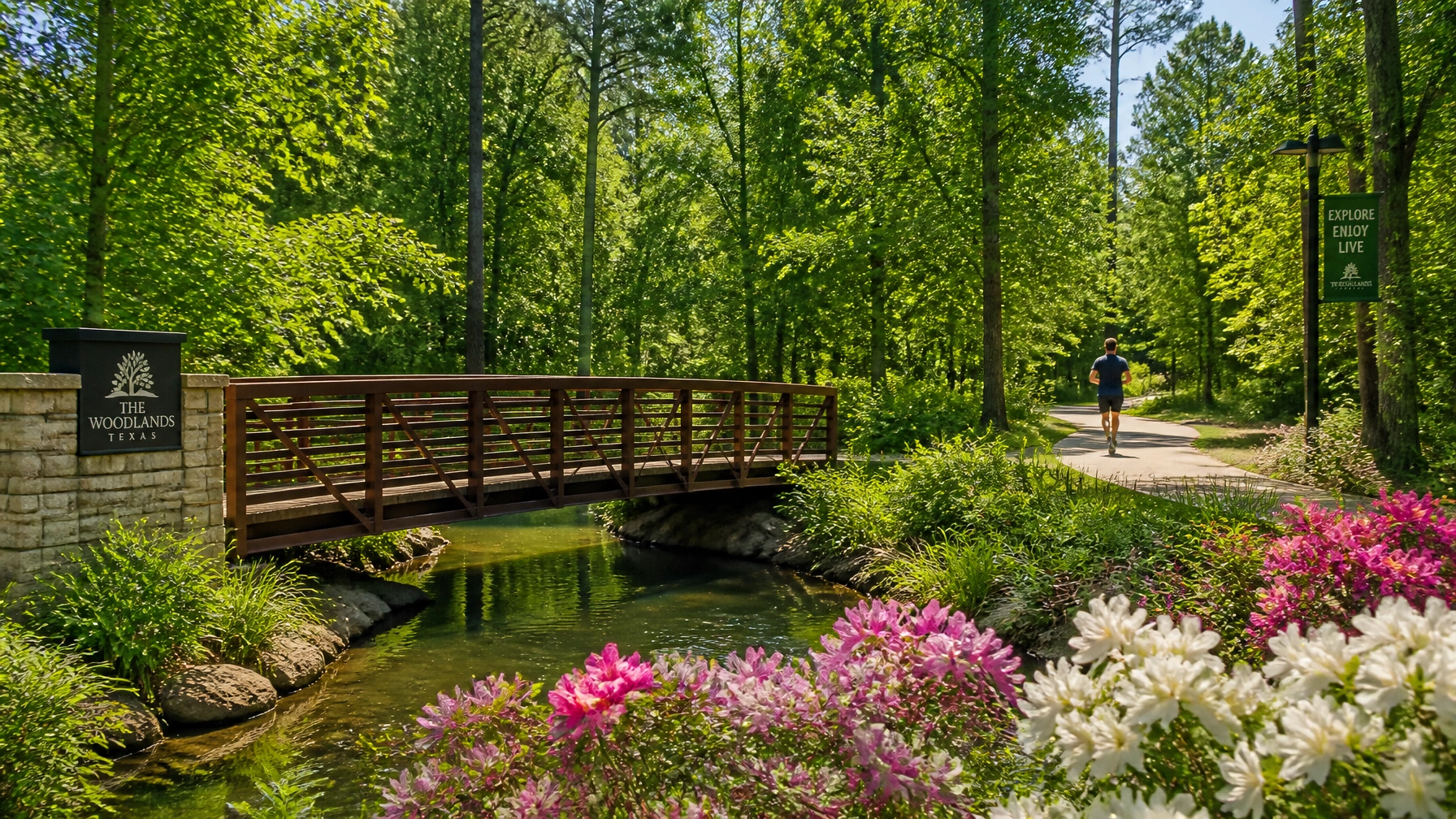 A scenic nature trail in The Woodlands, illustrating the lush landscape and outdoor lifestyle of the area.