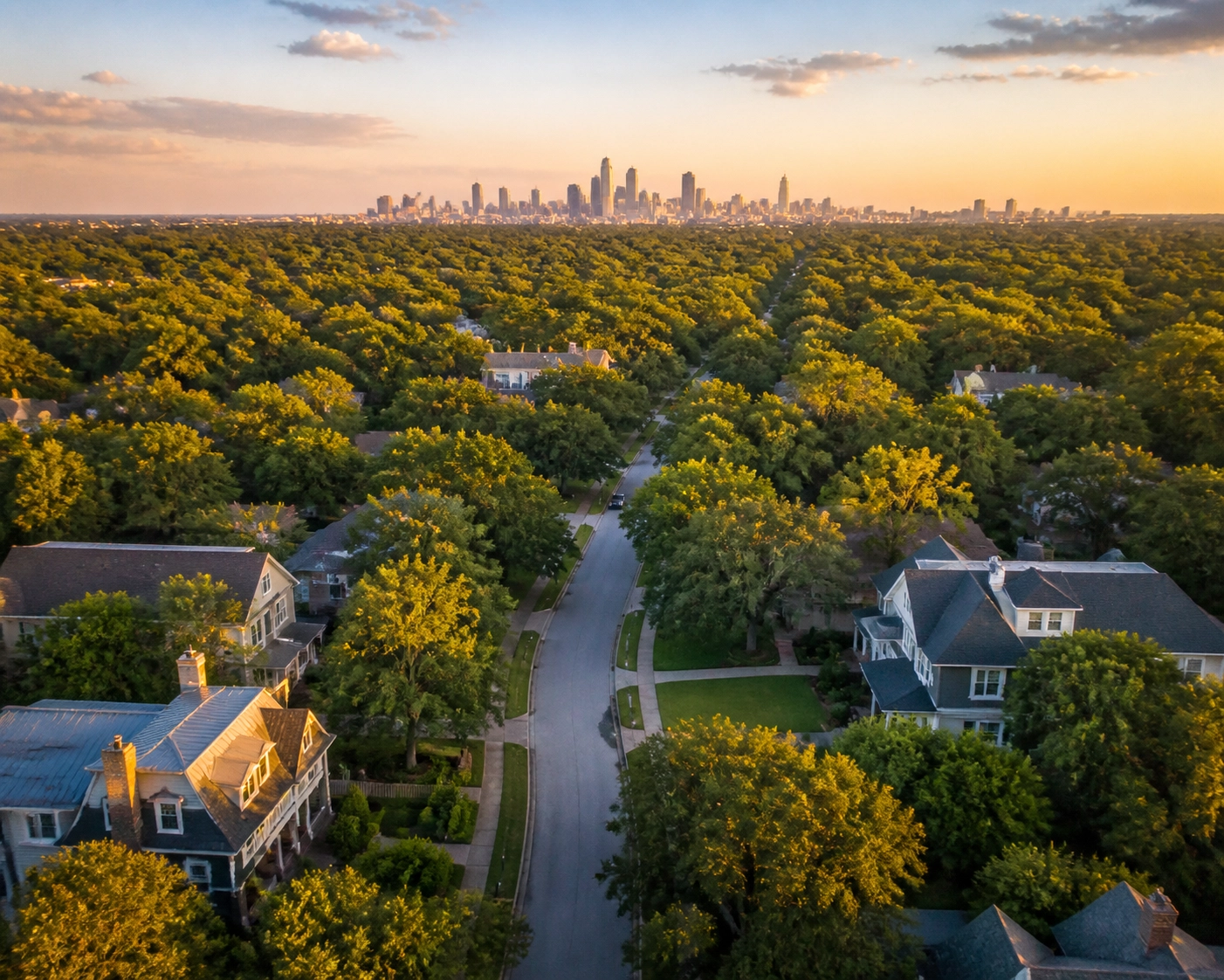 Aerial view of established Houston Inner Loop neighborhoods like The Heights with mature oak trees.