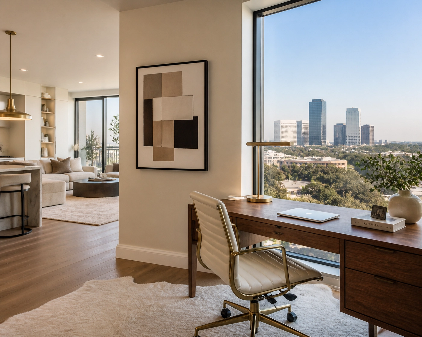 Luxury Houston townhome interior with a modern home office overlooking the Energy Corridor.