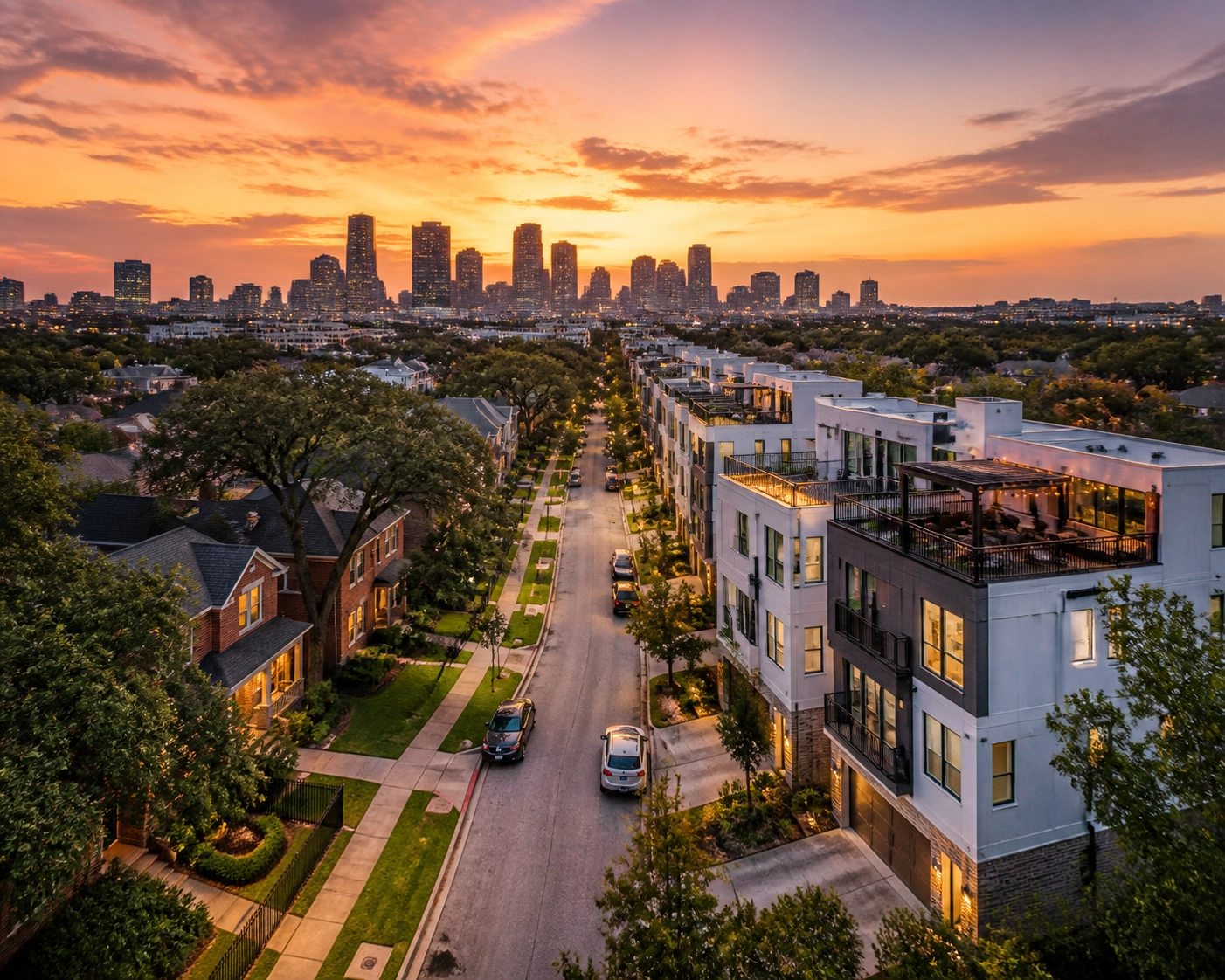 Aerial view of a diverse Houston neighborhood featuring traditional homes and modern townhomes at sunset.