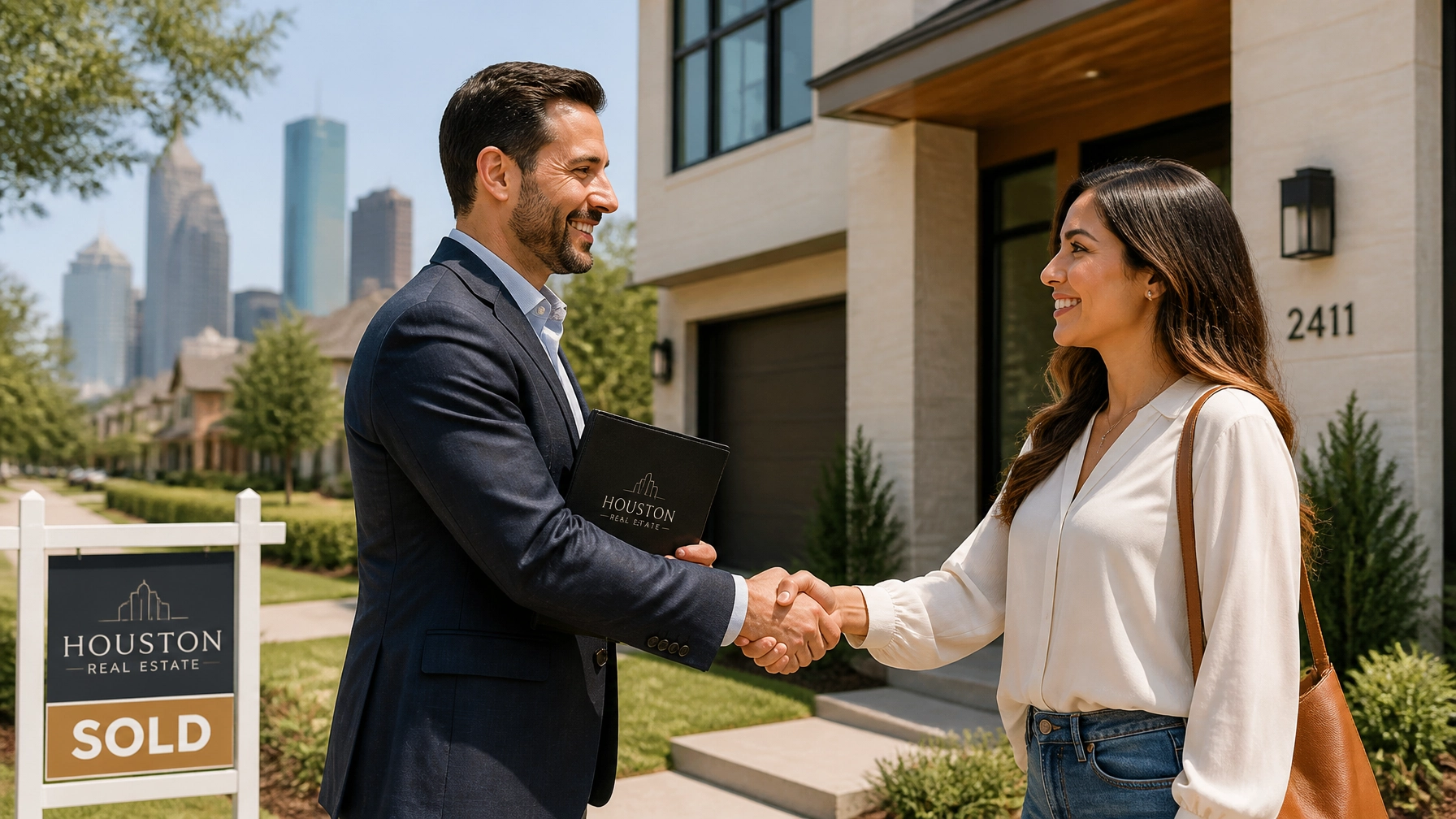 Handshake between agent and client in front of a Houston home