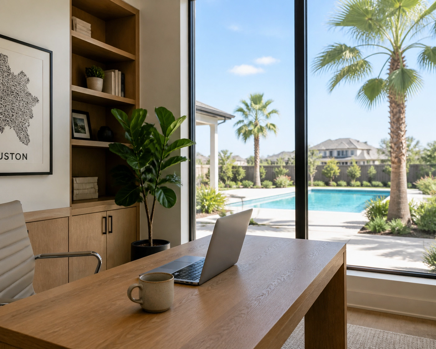 Modern home office in a Houston suburb with a window view of a backyard pool and palm trees.