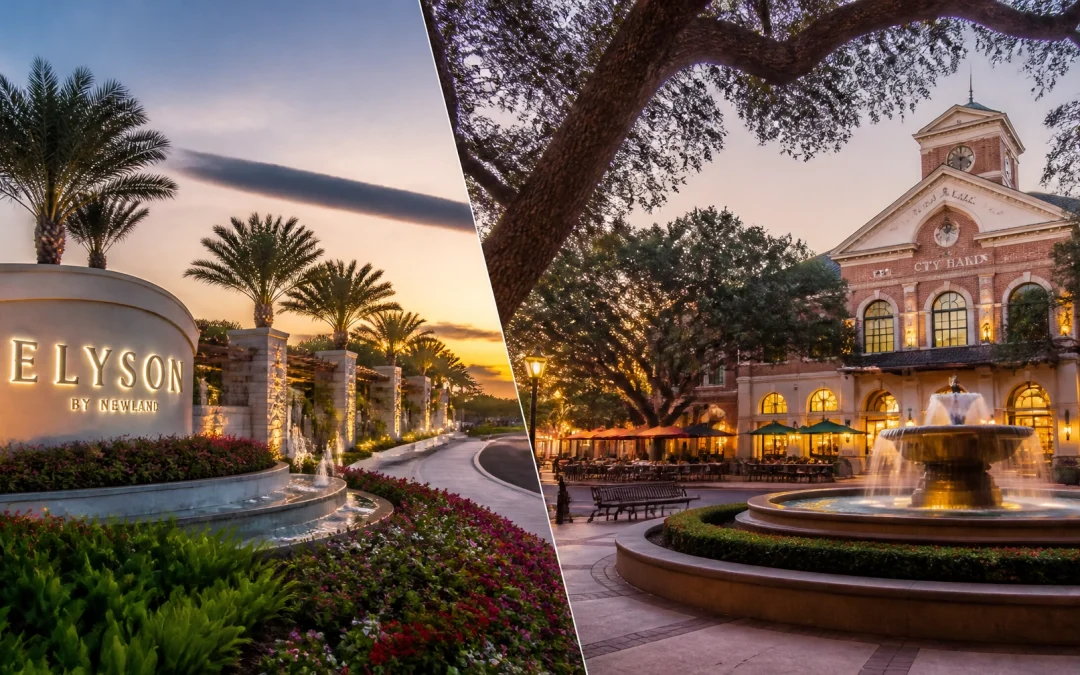 A montage of Katy's modern master-planned communities and Sugar Land's polished town square at sunset.