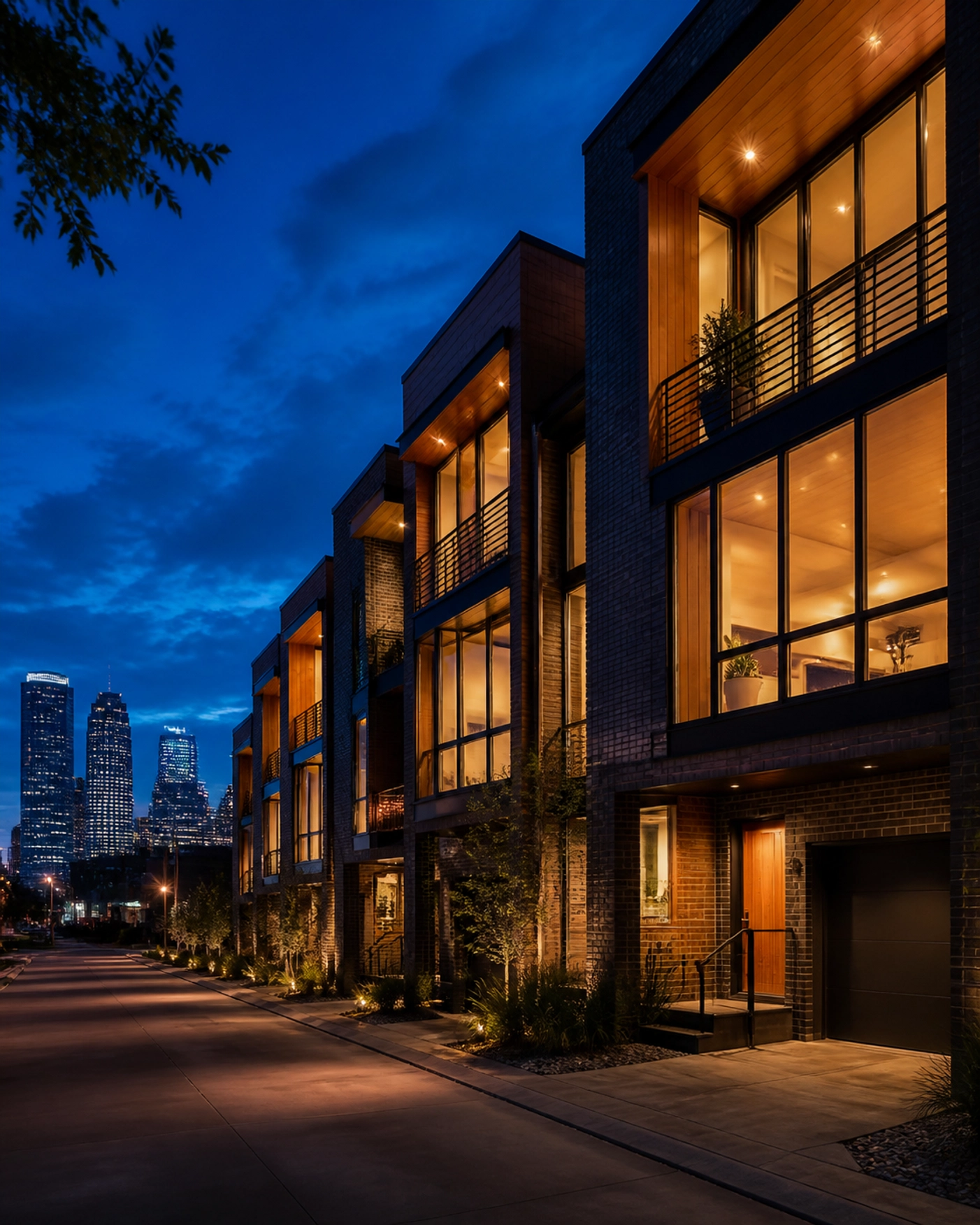 Modern multi-story townhomes in the Houston Inner Loop at dusk with glowing window lights.