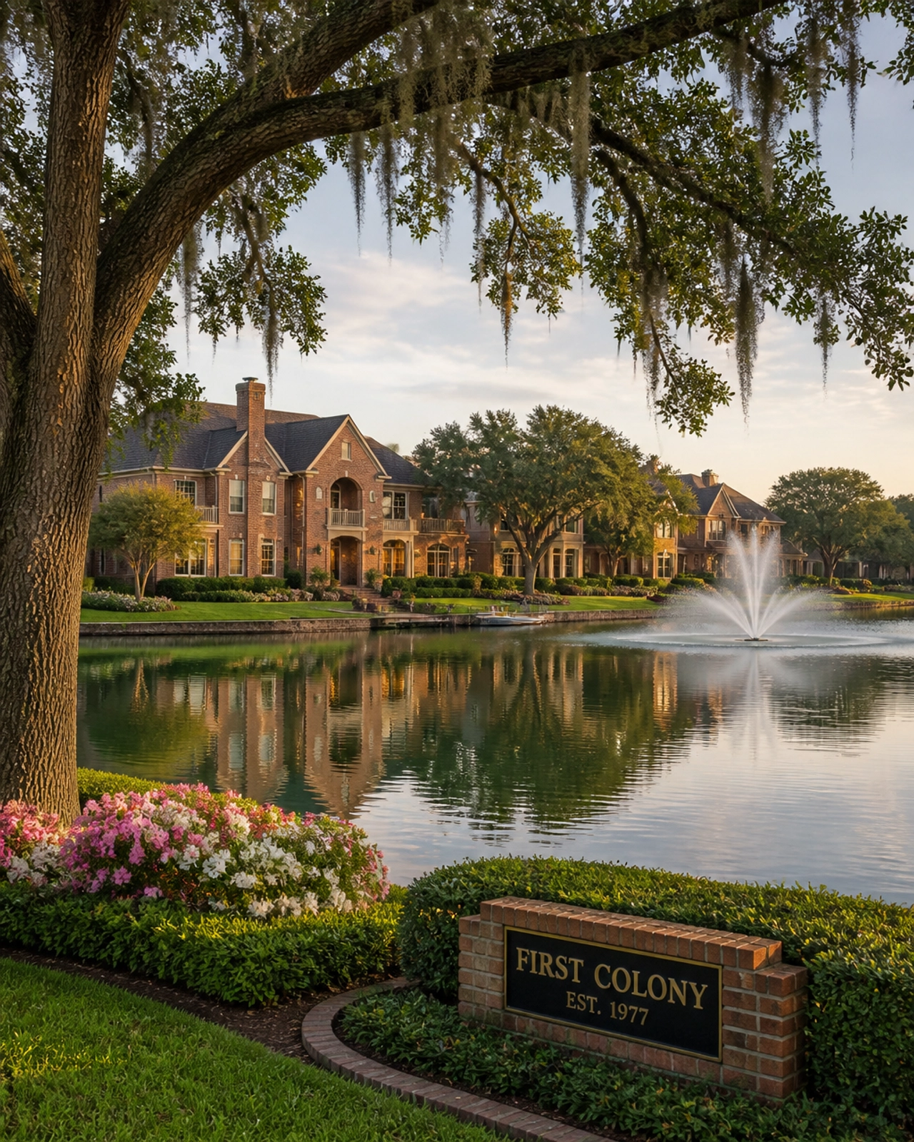 A scenic lakefront view in an established Sugar Land neighborhood.