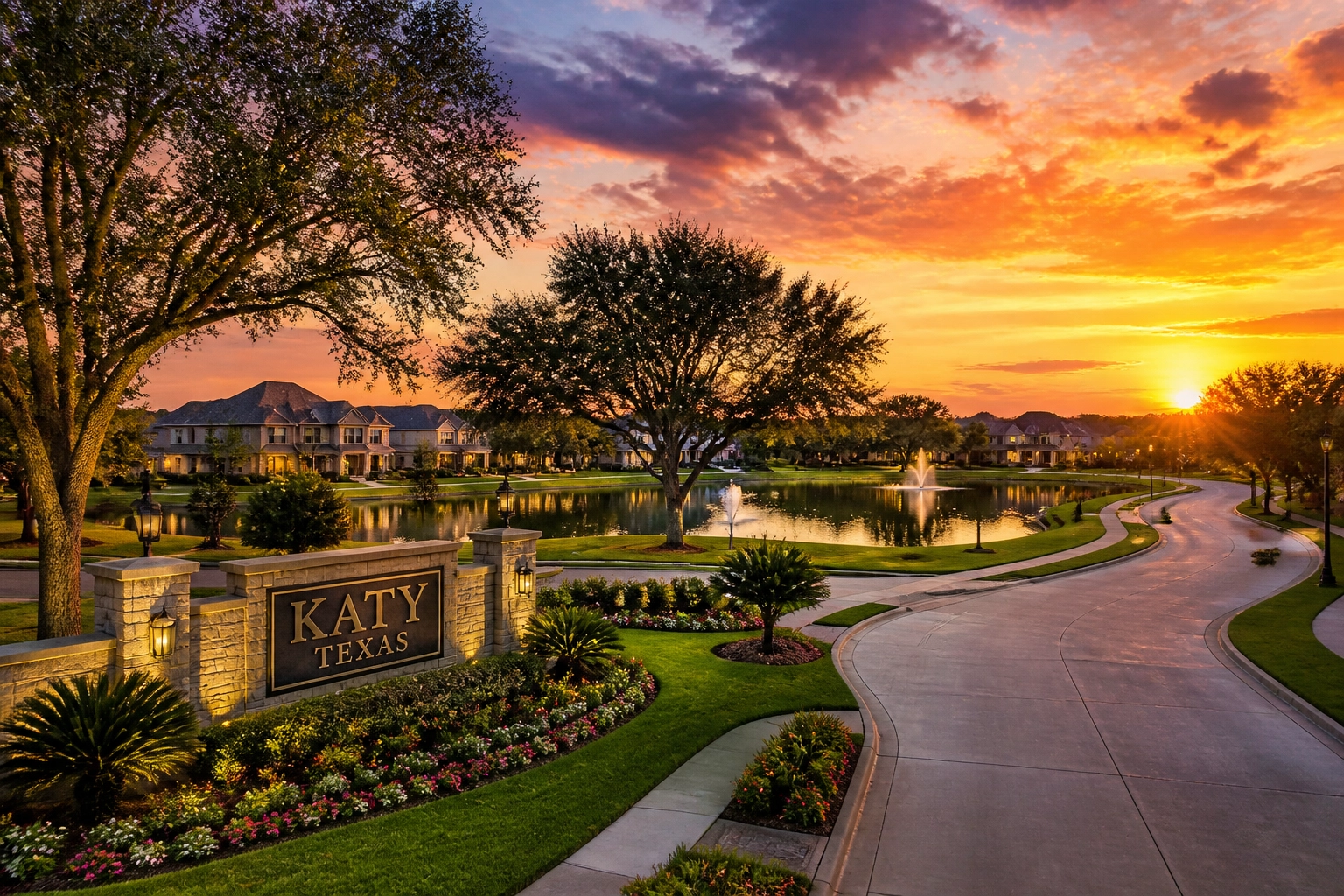Scenic view of a luxury residential community in Katy, Texas, representing Houston suburban property values.