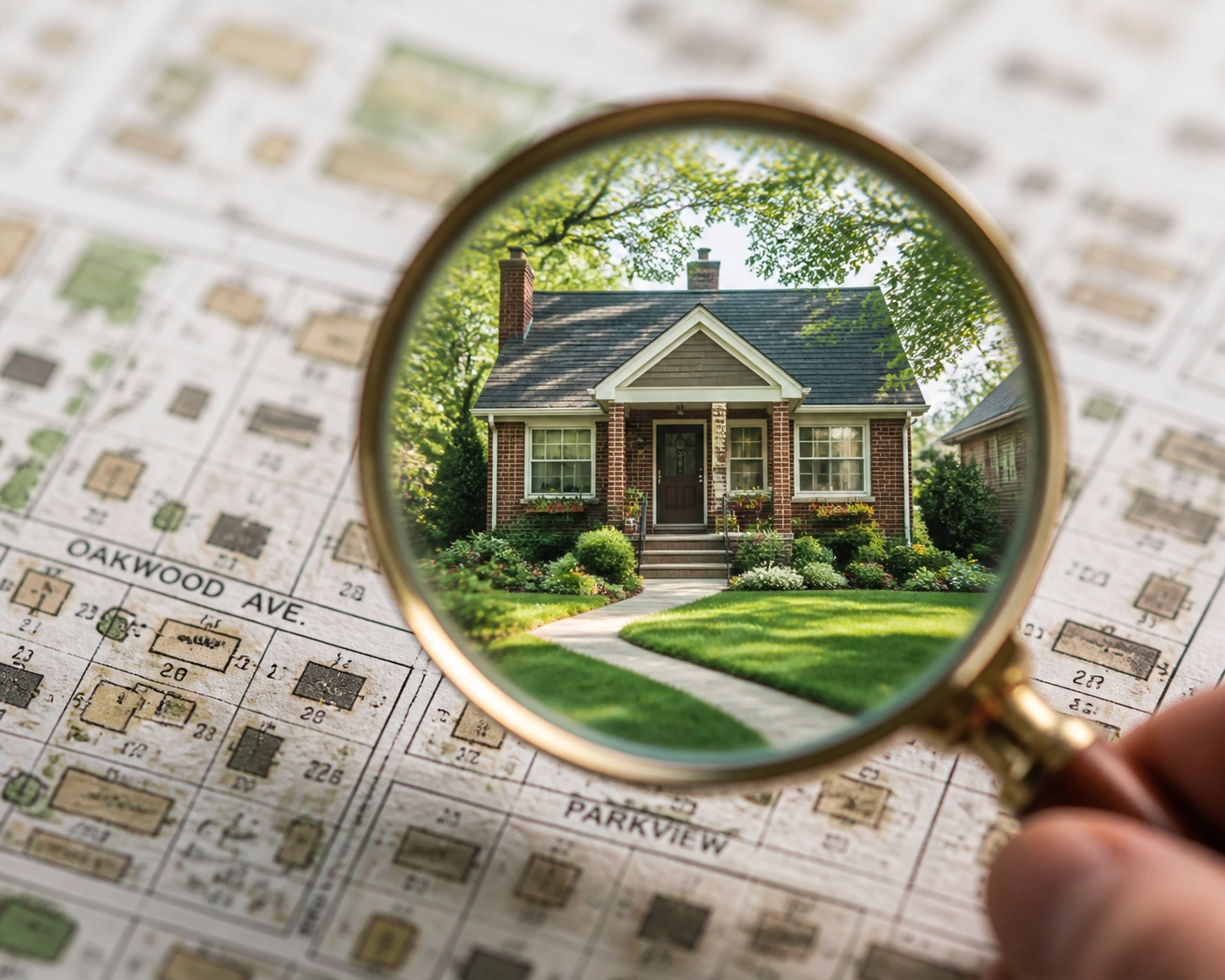 A magnifying glass over a neighborhood map focusing on a brick home to find local real estate deals.