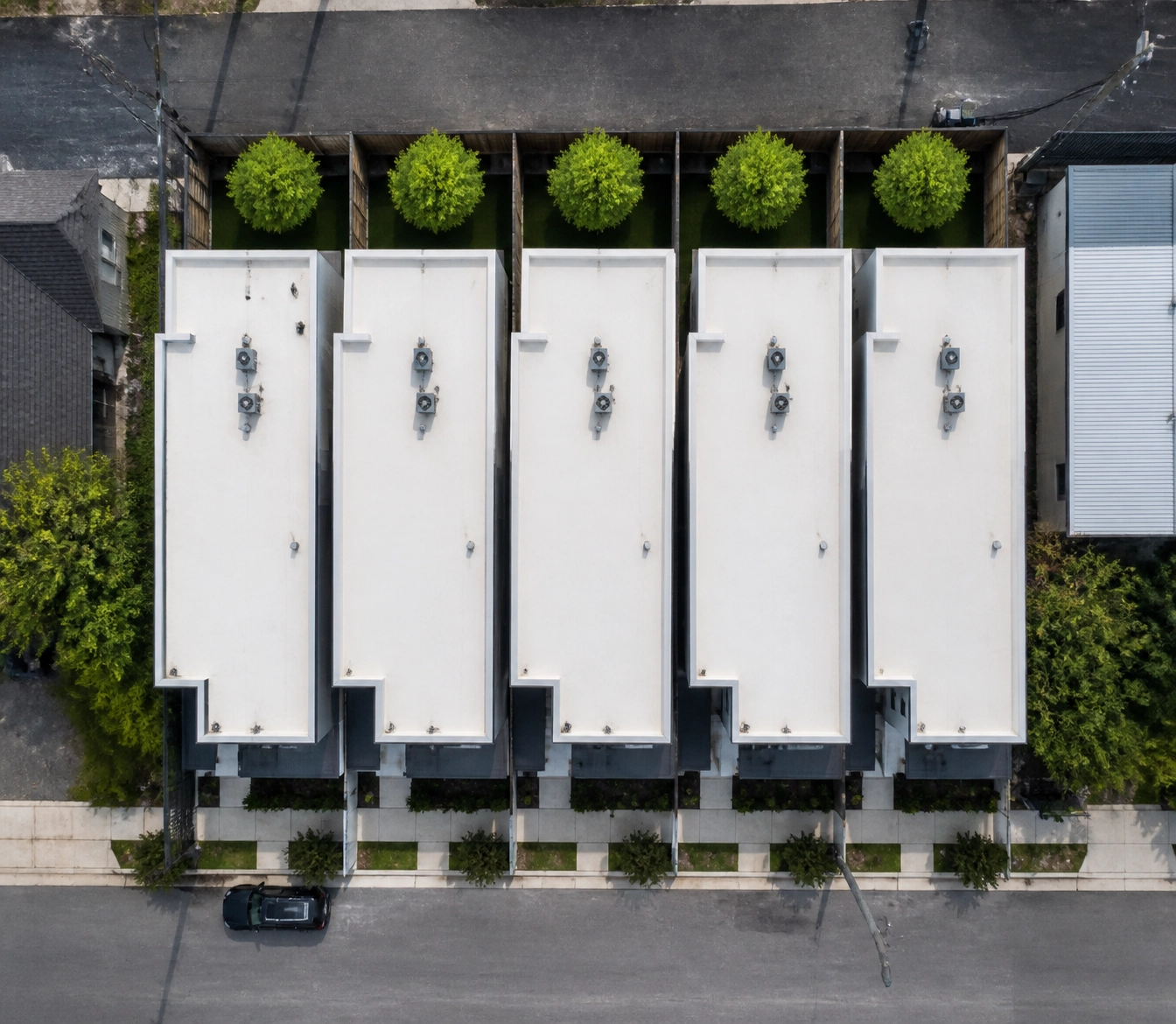 Aerial view of a new contemporary townhome development in Houston's EADO neighborhood.