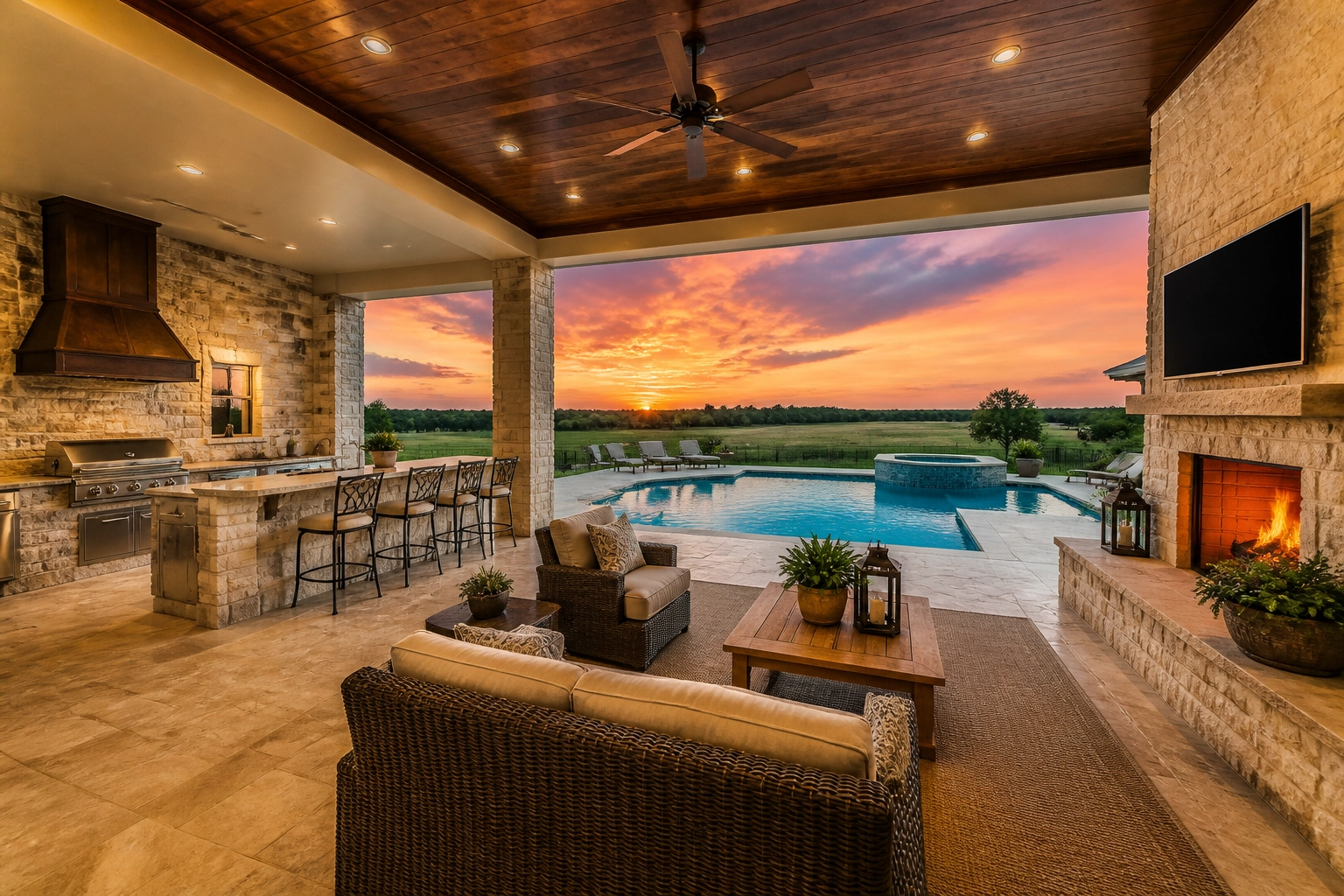 Massive outdoor living area and pool at a Fulshear Texas luxury estate with prairie views.