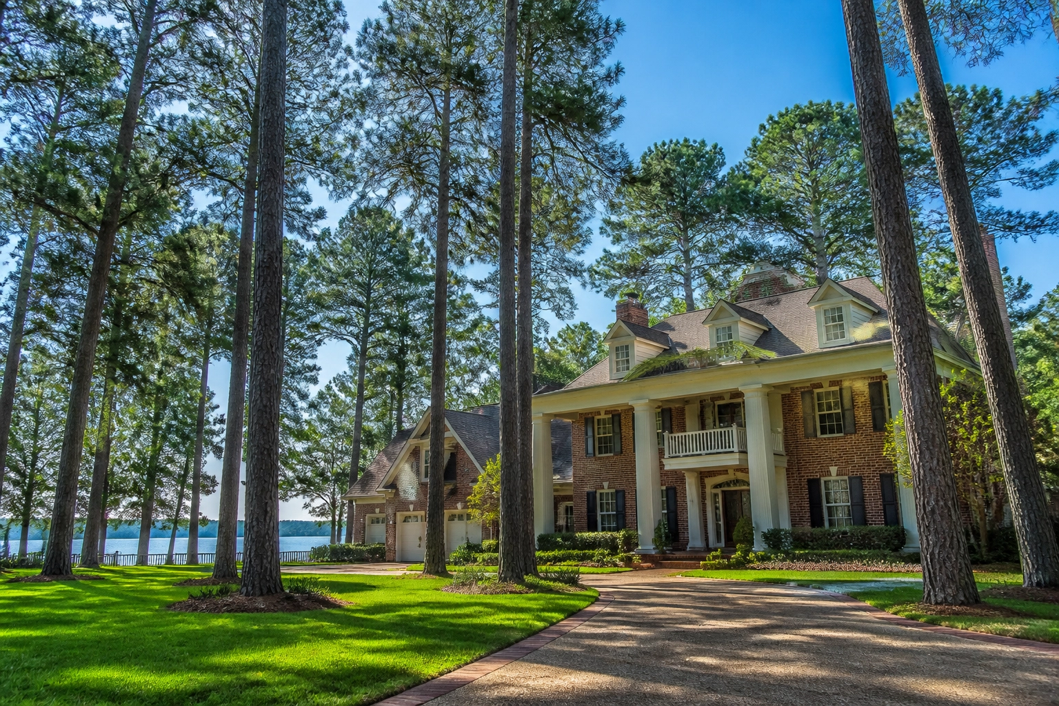Spacious traditional brick estate in Conroe TX featuring a large yard and wooded surroundings.