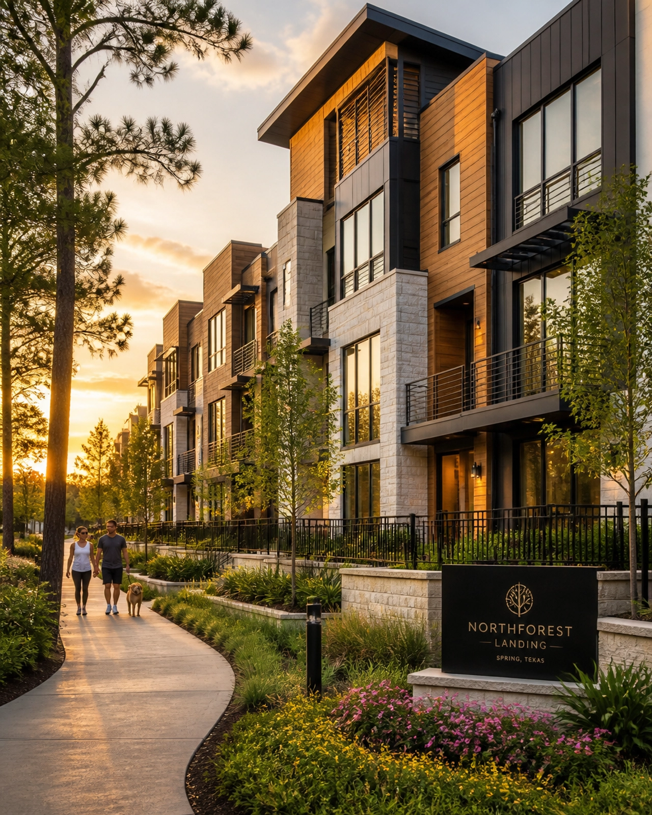 Modern townhome development in the Spring area, showcasing contemporary architecture and green space.
