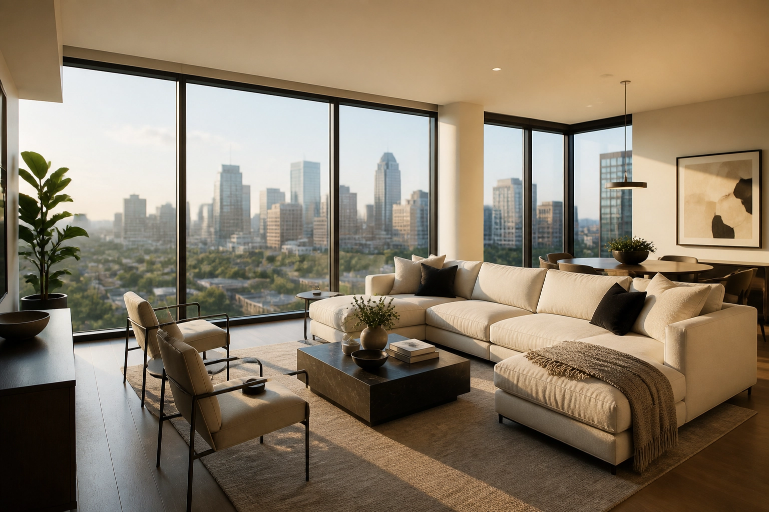 High-end luxury rental interior with floor-to-ceiling windows showing the Houston Galleria skyline.