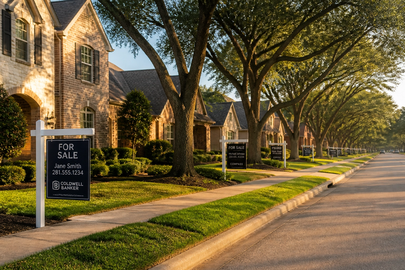 Suburban homes for sale in Katy, Texas with yard signs indicating rising real estate inventory.