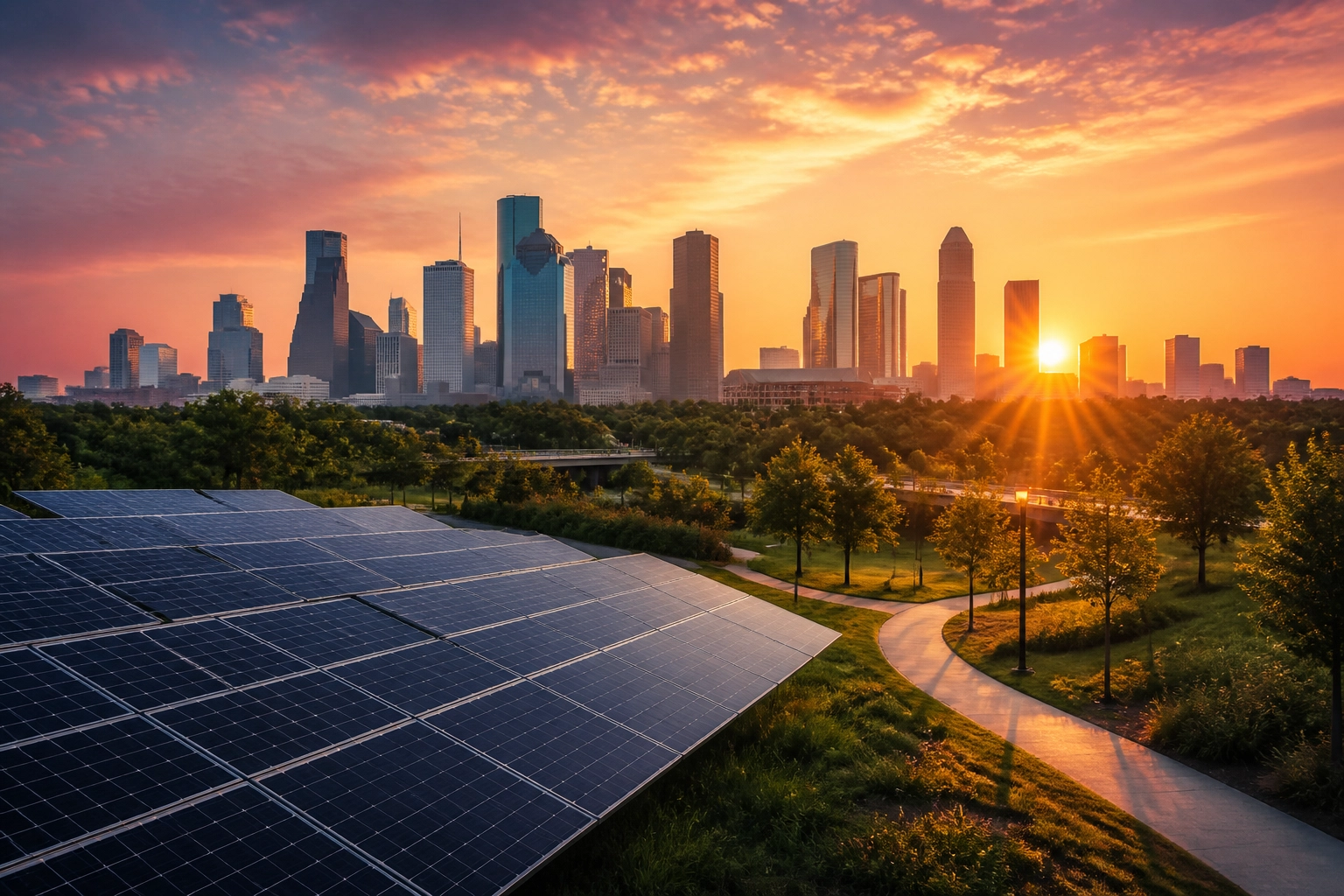 Panoramic view of the Houston skyline at dawn with solar arrays highlighting local energy sector growth.