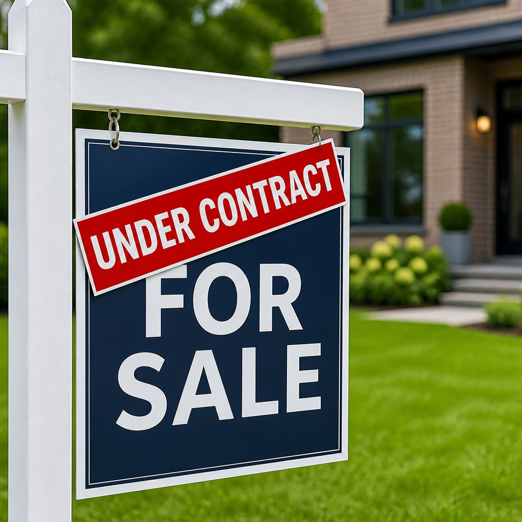 A 'FOR SALE' sign with a bright red 'UNDER CONTRACT' sticker