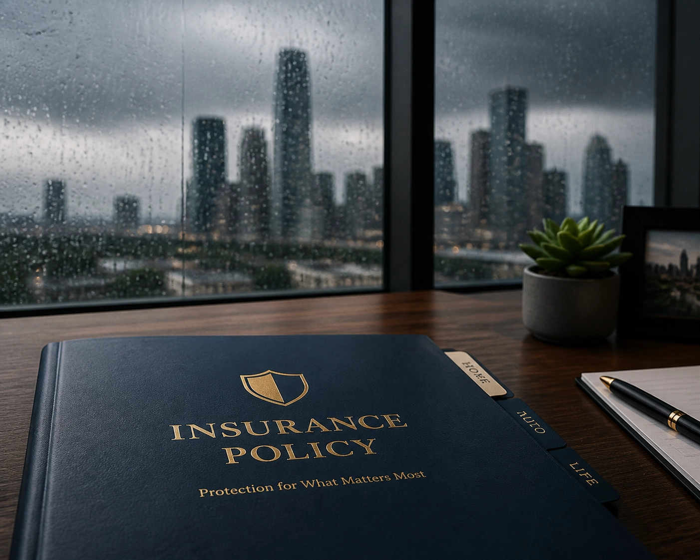 Houston flood insurance policy on a desk during a rainstorm, symbolizing hurricane preparedness.