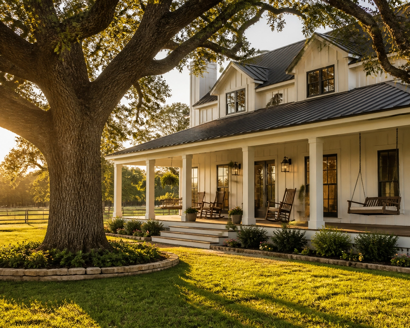 Charming farmhouse in Tomball TX with a huge wraparound porch and large suburban lot.